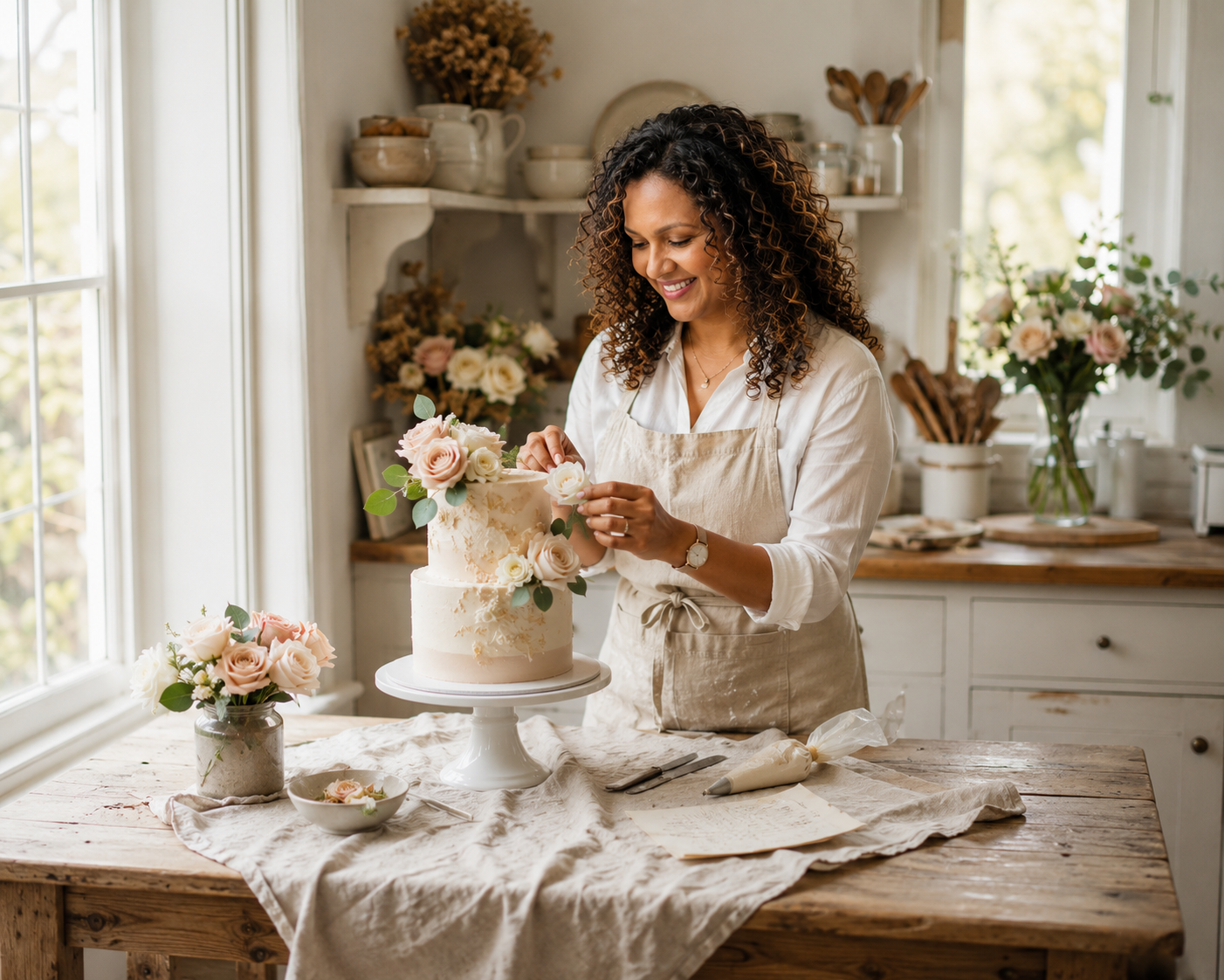 Udeni, founder and cake artist, decorating a floral celebration cake in her studio